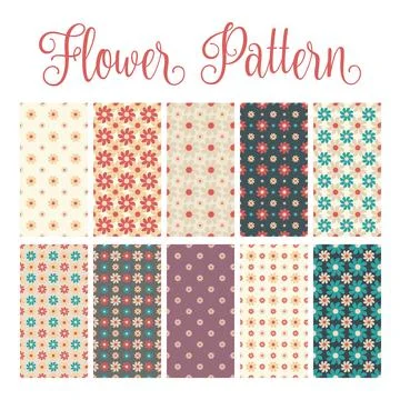 Retro Daisy Flower Pattern Set, Vintage Boho Floral Seamless Background Dig.. Stock Illustration