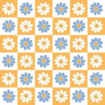 Retro daisy seamless pattern. Vintage checkerboard floral background. Stock Illustration