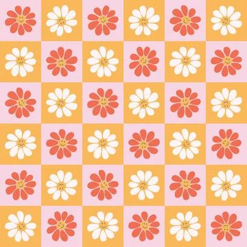 Retro daisy seamless pattern. Vintage checkerboard floral background. Stock Illustration