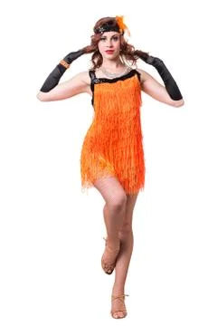 Retro dancer showing some movements against isolated white Stock Photos