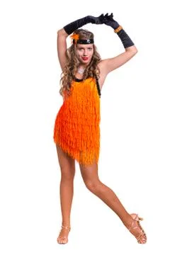 Retro dancer showing some movements against isolated white Foto stock