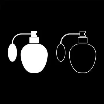 Retro deodorant Perfume bottle with atomizer or spray pump icon outline set w Stock-Illustration