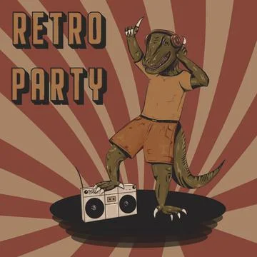 Retro design of dinosaur dancing and listening music in headphones and tape r Stock Illustration
