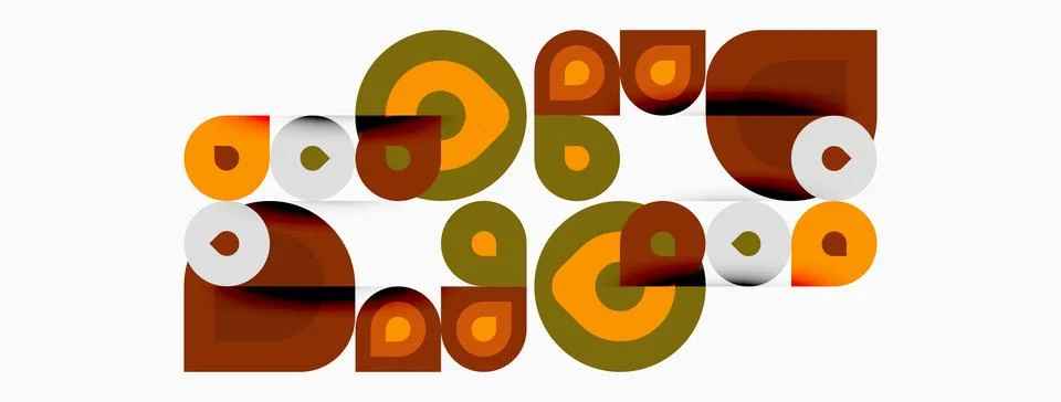 Retro design features overlapping circles, squares, ovals. Earthy tones dom.. 스톡 일러스트