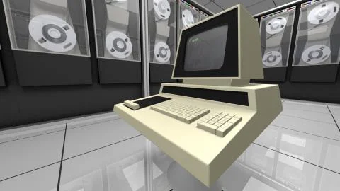 Retro designed computer in a hardware room Stock Illustration