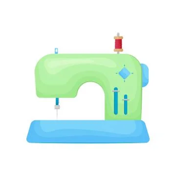 Retro designed model of sewing machine in green color with spool of thread on Stock Illustration