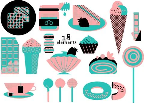 Retro desserts illustration colored in pink, black and turquoise. Stock Illustration