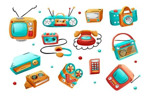 Retro devices in mixed style, flat cartoon comics. Stock Illustration