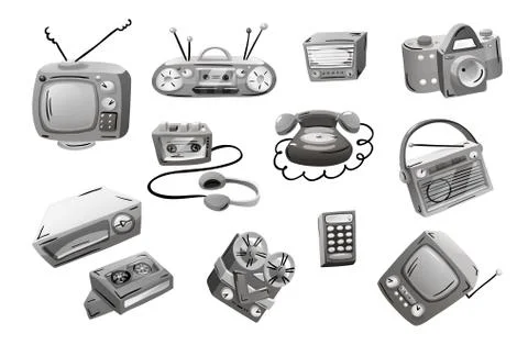Retro devices in mixed style, flat cartoon comics. Stock Illustration
