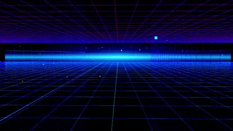 Retro digital grid lines moving forward with neon blue and purple light tra.. Stock Footage 346219364
