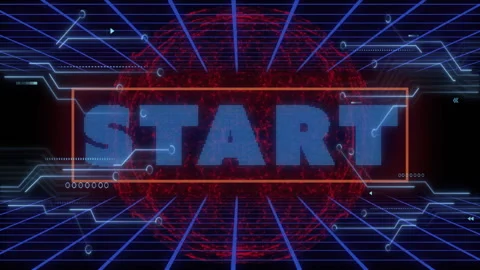 Retro digital grid with START text and futuristic animation elements Stock Footage 305029339