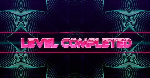 Retro digital interface displaying Level Completed with neon geometric patterns Illustrazione stock