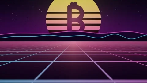 Retro digital landscape with a cryptocurrency symbol at sunset Stock Footage 342653291