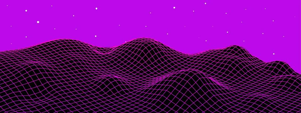 Retro digital landscape wireframe grid background. Mountain futuristic tech Illustrazione stock