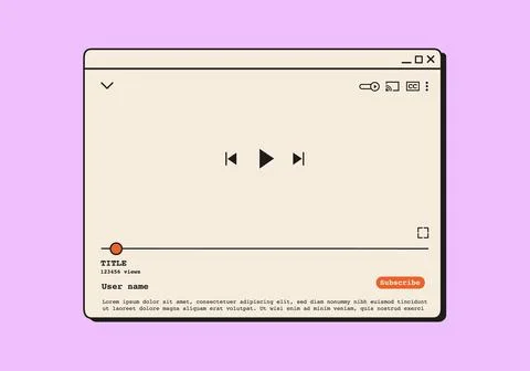 Retro digital video player window with playback timeline, control buttons, and Illustrazione stock