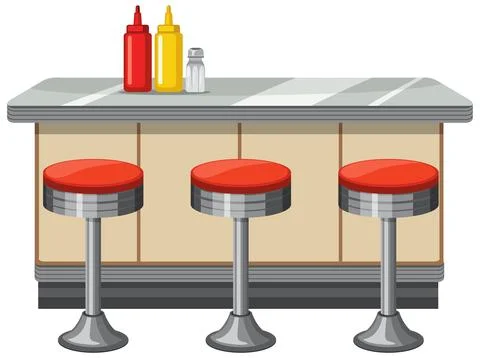 Retro Diner Counter with Red Stools Illustration Stock Illustration
