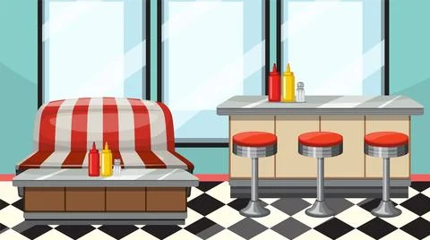 Retro Diner Interior with Checkered Floor Stock Illustration