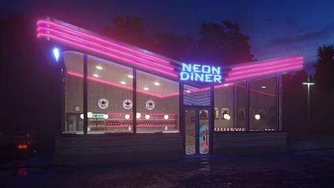 Retro diner interior with a tile floor, neon illumination, jukebox Stock Illustration