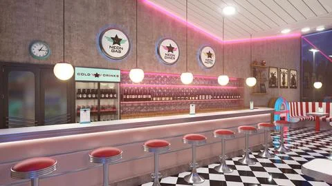 Retro diner interior with a tile floor, neon illumination, jukebox Stock Illustration