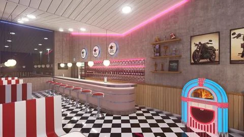Retro diner interior with a tile floor, neon illumination, jukebox Stock Illustration