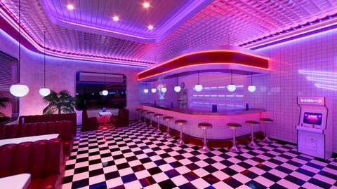Retro diner interior with tile floor, neon illumination, vintage Stock Illustration