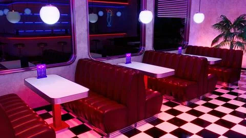 Retro diner interior with tile floor, neon illumination Stock Illustration