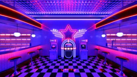 Retro diner interior with tile floor, jukebox, neon illumination Illustrazione stock