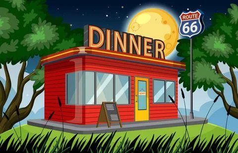 Retro Diner on Route 66 Under Full Moon Night Ilustración de archivo