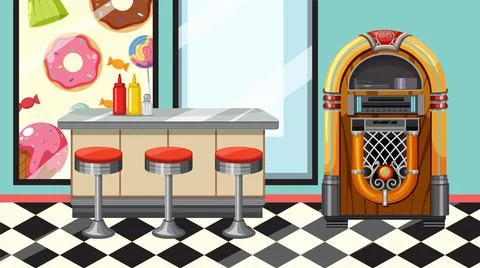 Retro Diner Scene with Jukebox and Bar Stools Stock Illustration