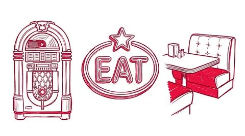 Retro diner scene with jukebox, sign, and booth seats for a classic dining .. Stock Illustration