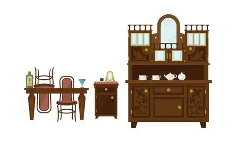 Retro dining room interior with table, chairs and sideboard vector Illustration Stock Illustration