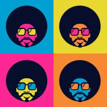 Retro Disco dance poster 70s. Vector bright color portrait man with retro sun Stock Illustration
