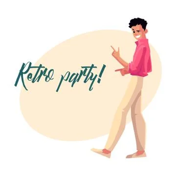 Retro disco party invitation, dancing man in 1980s style clothes Stock Illustration