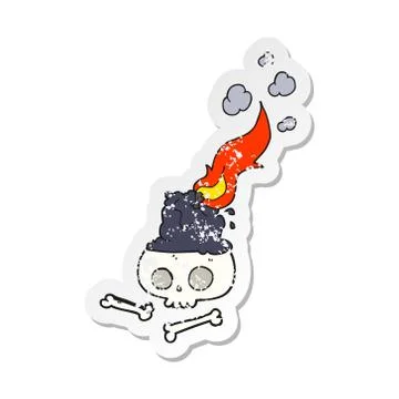 Retro distressed sticker of a cartoon burning candle on skull Stock Illustration