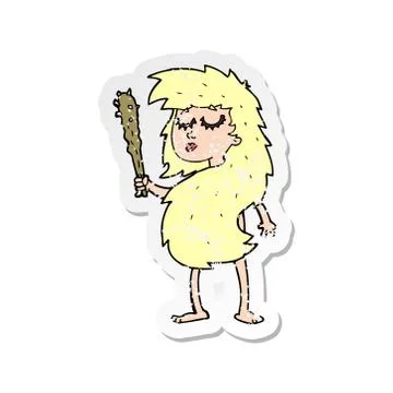 Retro distressed sticker of a cartoon cave woman Stock Illustration