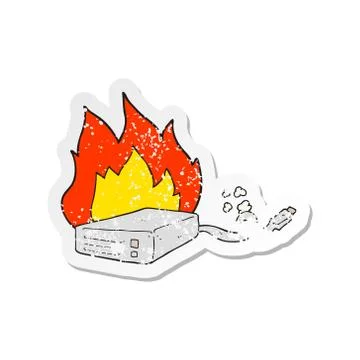 Retro distressed sticker of a cartoon computer hard drive burning Stock Illustration