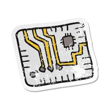 Retro distressed sticker of a cartoon computer circuitboard Stock Illustration
