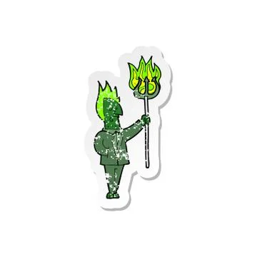 Retro distressed sticker of a cartoon devil with pitchfork Stock Illustration