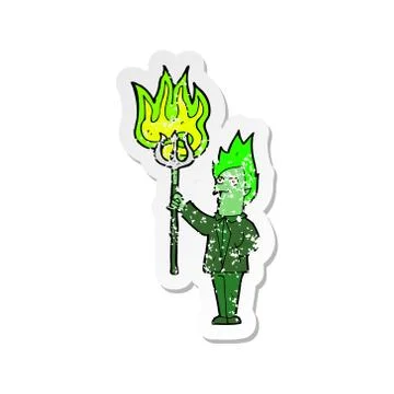 Retro distressed sticker of a cartoon devil with pitchfork Stock Illustration