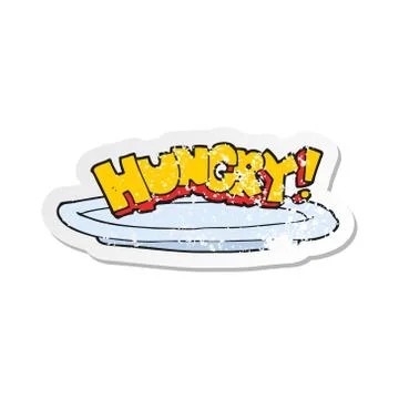 Retro distressed sticker of a cartoon empty plate with hungry symbol Illustrazione stock