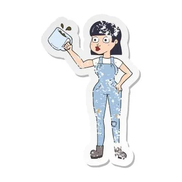 Retro distressed sticker of a cartoon female worker with coffee mug Stock Illustration