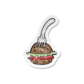 Retro distressed sticker of a cartoon fork and burger Stock Illustration