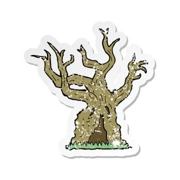 Retro distressed sticker of a cartoon spooky old tree Stock Illustration