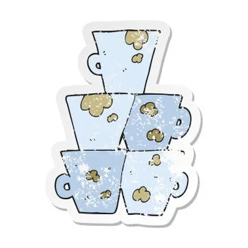Retro distressed sticker of a cartoon stack of dirty coffee cups Stock Illustration