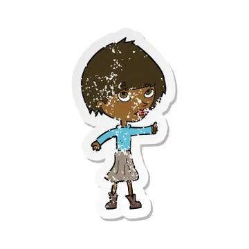 Retro distressed sticker of a cartoon woman giving thumbs up symbol Stock Illustration