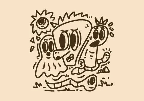 Retro Doodle Characters Monster Sun Snake Group Stock Illustration