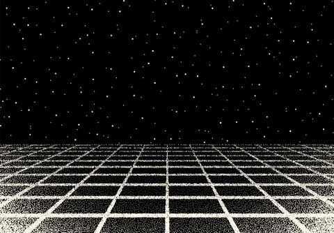Retro dotwork landscape with 80s styled laser grid and stars background from old Stock Illustration