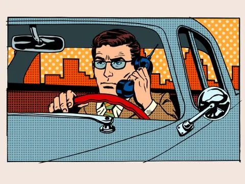 Retro driver talking on cell phone Stock Illustration