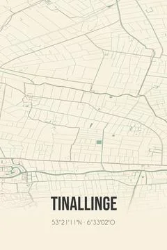 Retro Dutch map of Tinallinge, Groningen. Vintage street map. Stock Illustration
