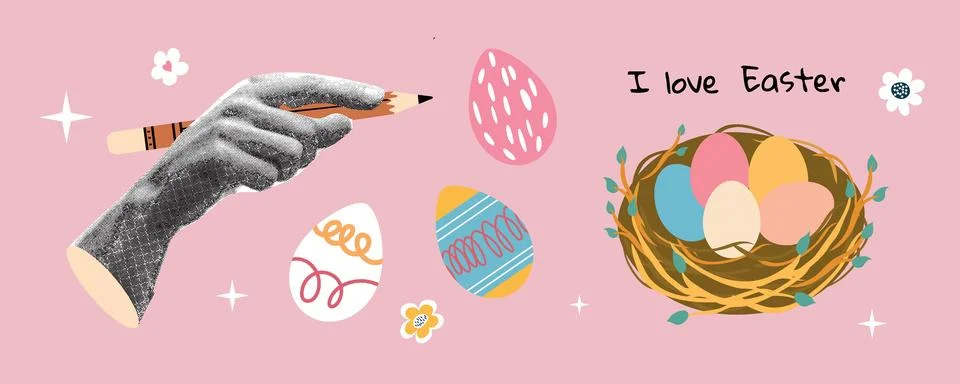 Retro Easter Collage Vector Background Banner with Vintage Hand Holding Pen.. 스톡 일러스트